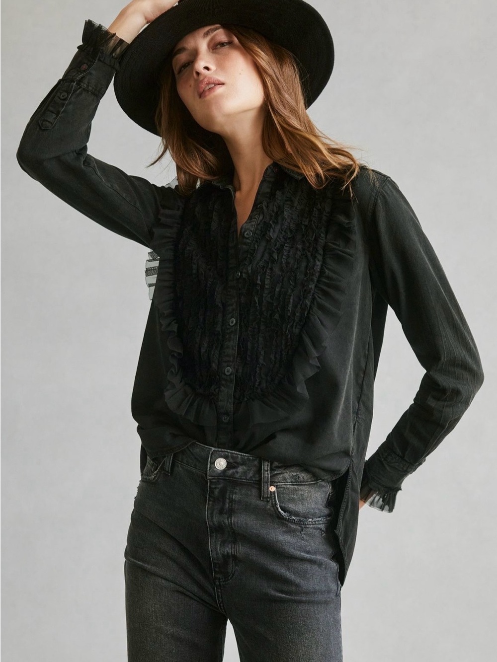 NWT Pilcro Anthropologie Ruffled Tuxedo-Front Button Down Shirt
